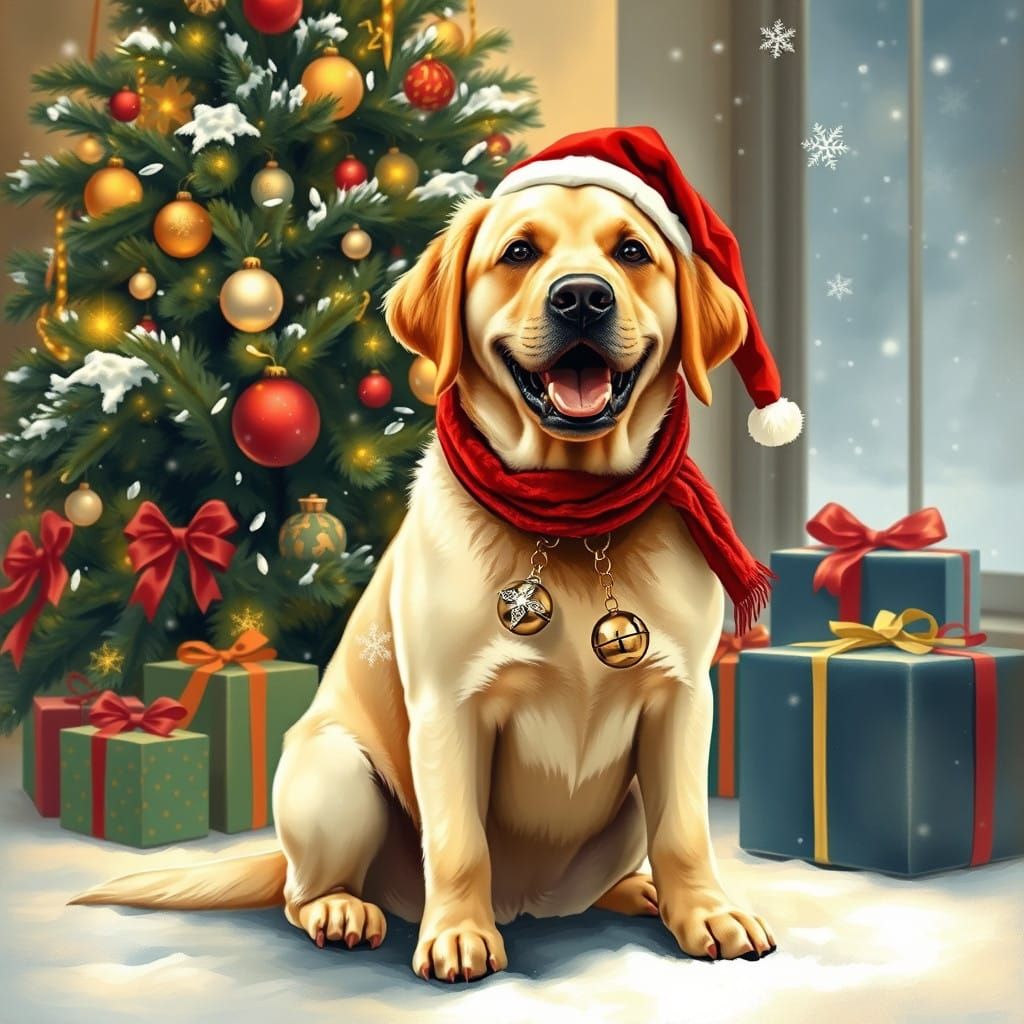 Joyful Labrador in Winter Wonderland Scene
