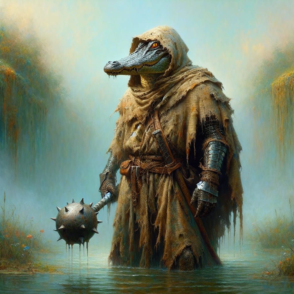Alligator Warrior in Misty Bayou, Oil Painting Style