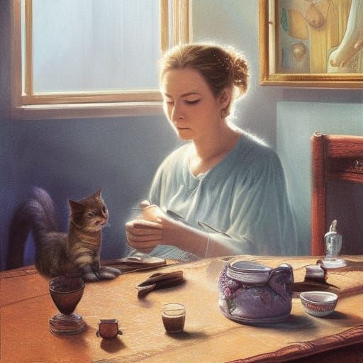 Woman with Cat Face Drawing, Surreal 3D Rendering