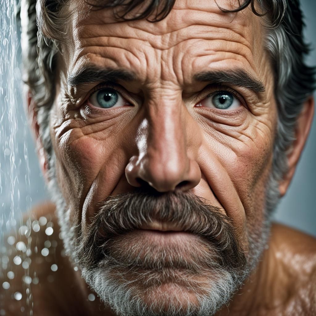 Close-Up Portrait of a Hairy Man in Shower