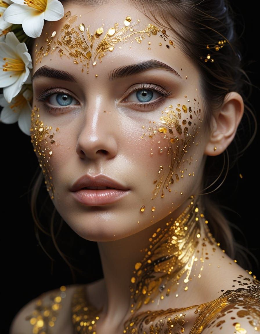 Ethereal Woman with Silver Eyes and Golden Paint