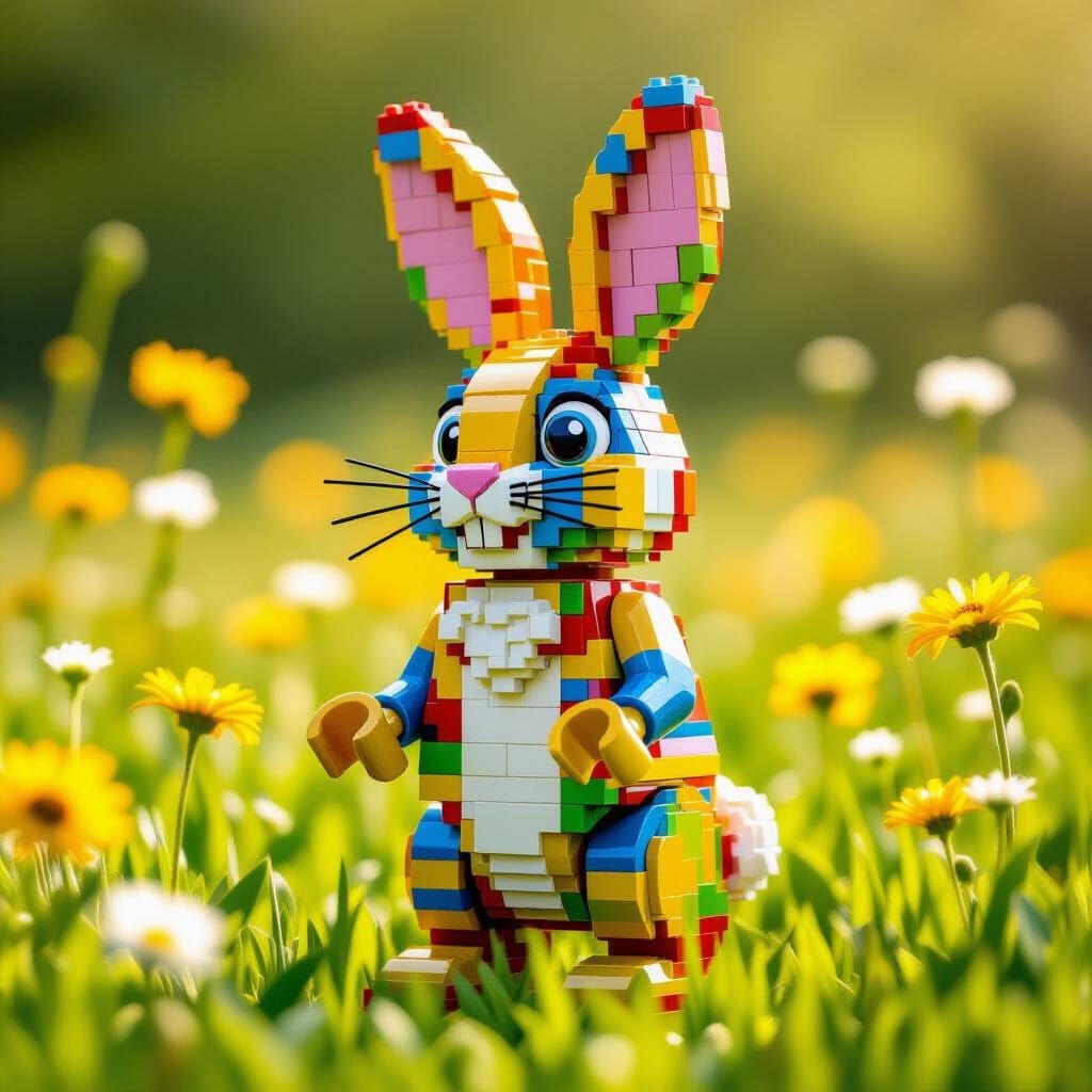 Vibrant Lego Rabbit in Sunny Meadow