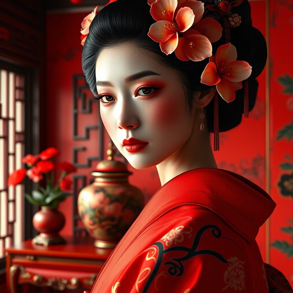 Beautiful Geisha Portrait in Opulent Red and Gold