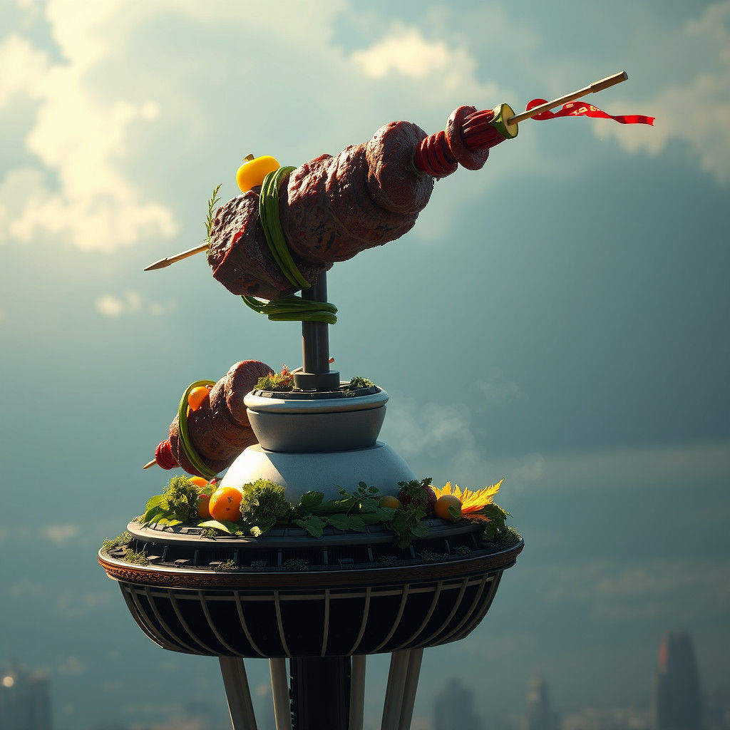 Meat Skewer Topping Seattle Space Needle: Fantasy Art