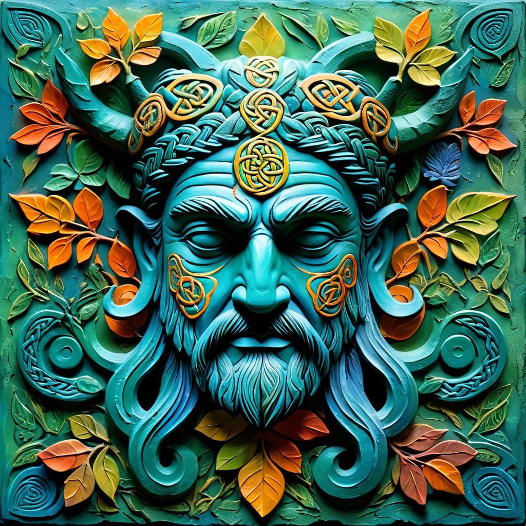 Vibrant Celtic Nature Deity Embossed Relief in Rich Layered ...