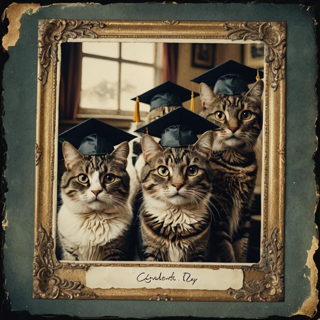 Cats' Graduation Day: Polaroid Style Photograph