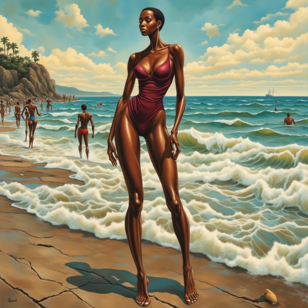 Edgy Woman in Maroon Swimsuit on Boardwalk