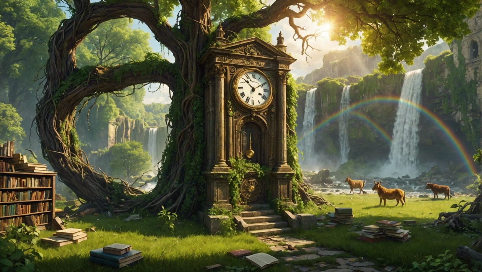 Post-Apocalyptic Library with Waterfall and Rainbow