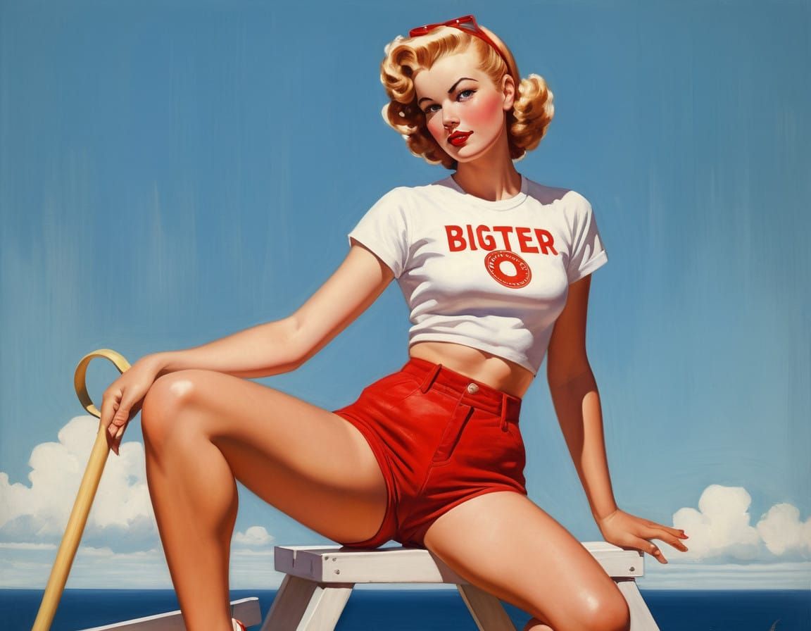 Pinup Lifeguard in Warm Sunlight, Classic 1940s Poster Art S...