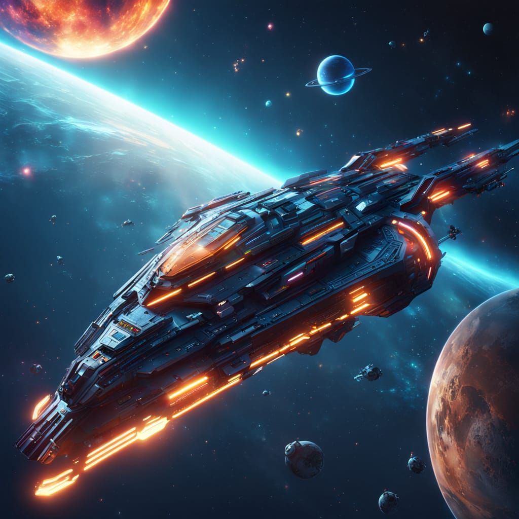 Epic Space Odyssey in Neon Cyberpunk Style