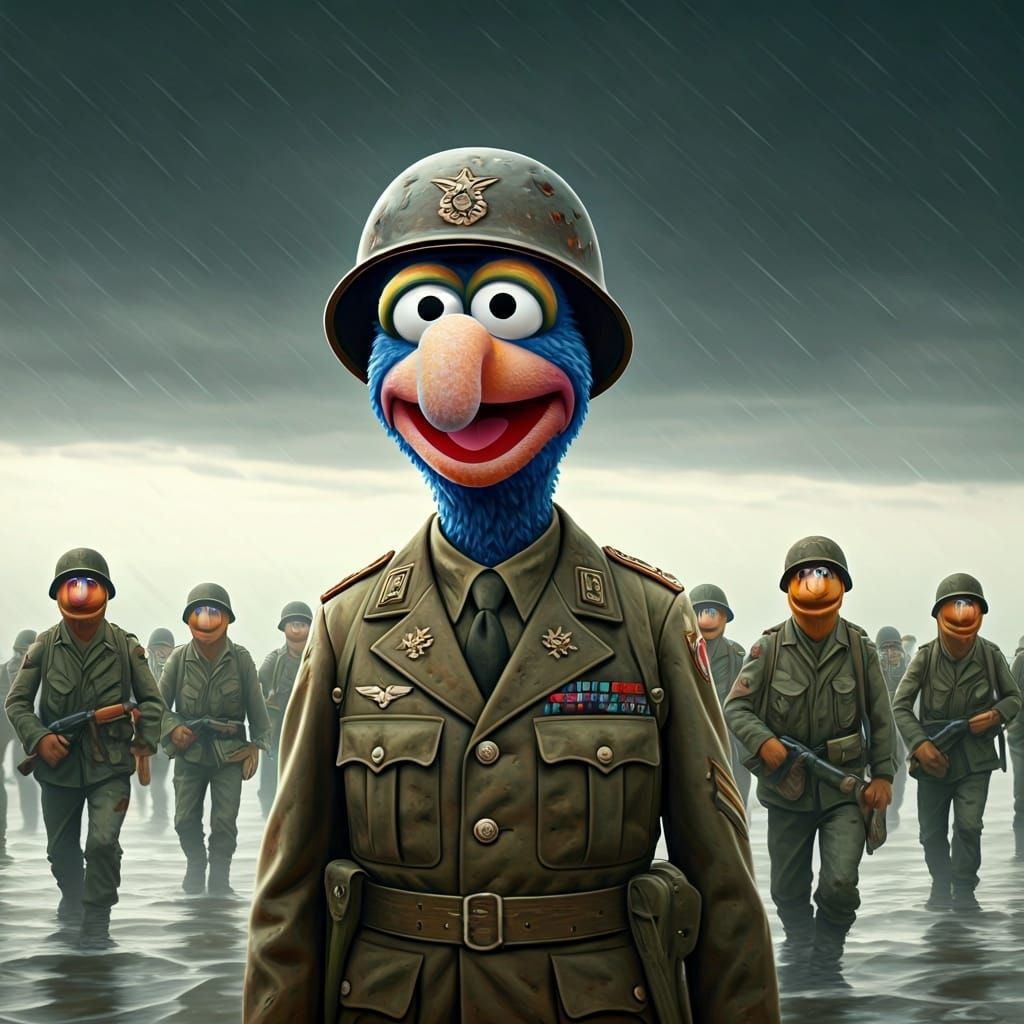 Muppet, Gonzo, dressed as a general leading Muppet troops on the beach in Normandy WWll D-day  Extraordinary intricate d...
