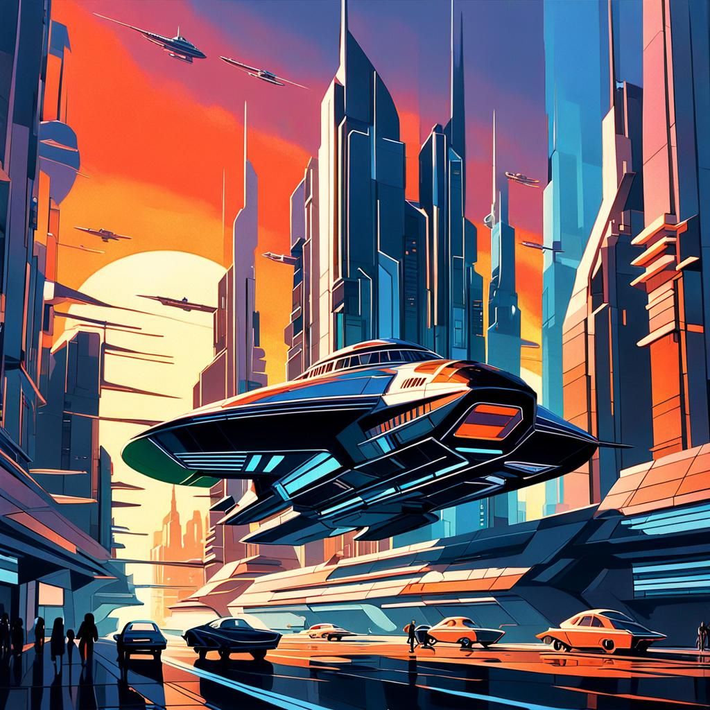 Retrofuturistic Art Deco Cityscape with Spaceship