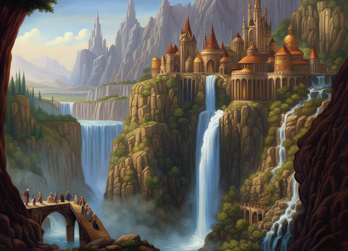 Medieval City on Waterfall, Fantasy Art