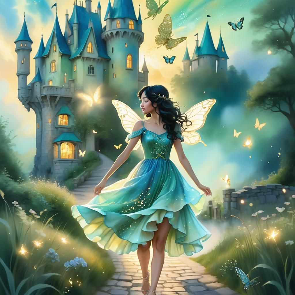 Pastel Fairy Running to Cottage Castle