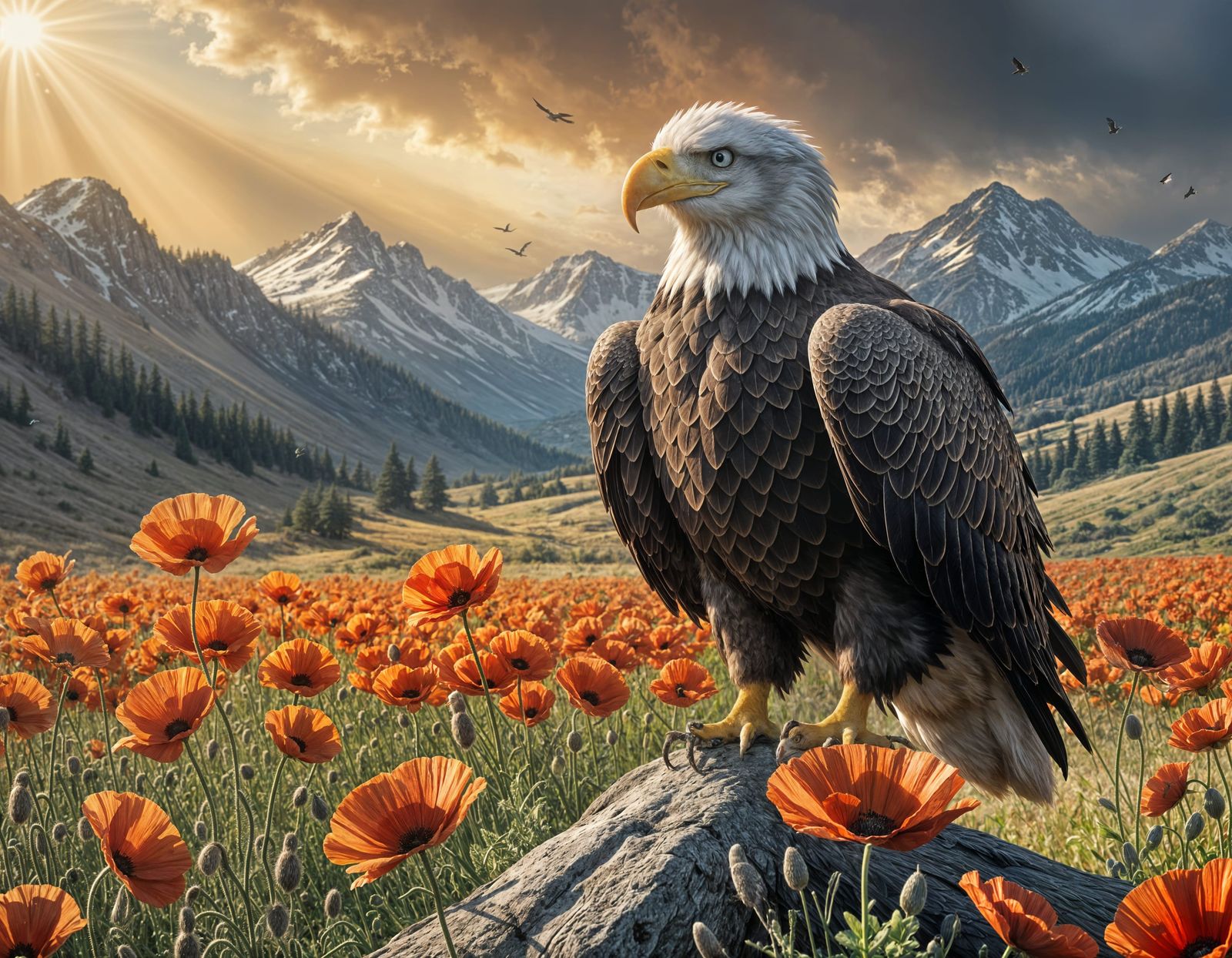 Regal Bald Eagle in Field of Red Poppies with Weathered Cros...
