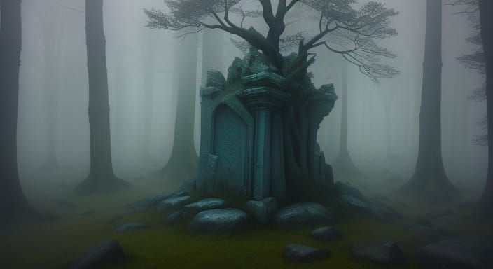 Mysterious Stone in Misty Forest, Surrealism
