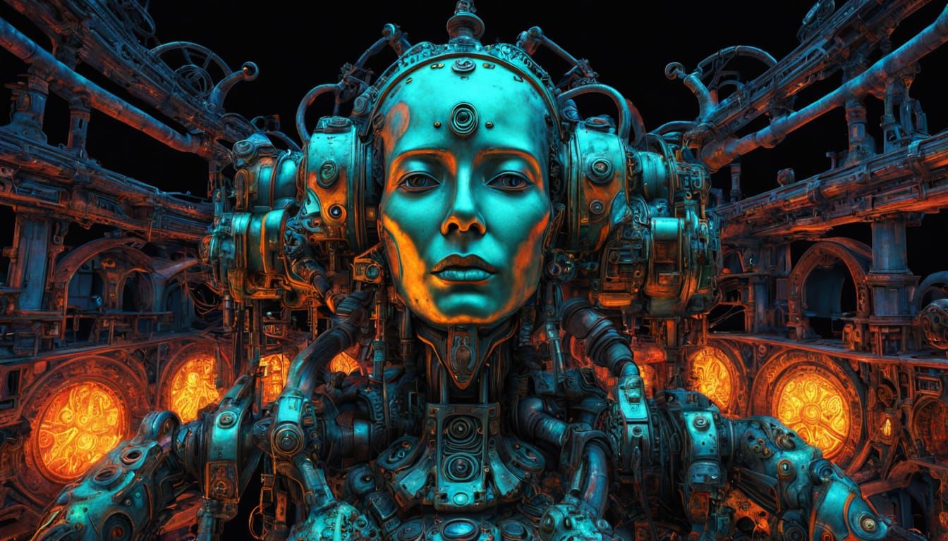 Cybernetic Woman Emerges From Plankton: Steampunk Digital Ar...