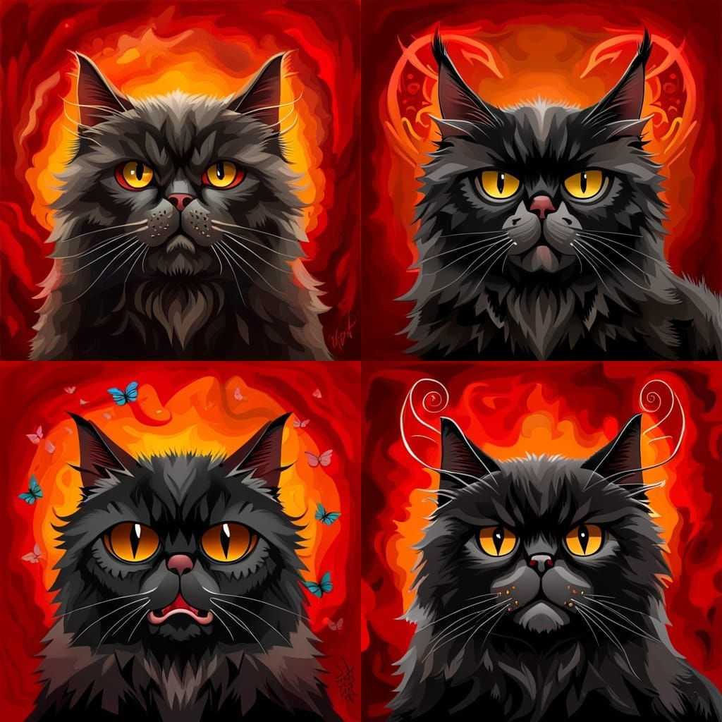 Devil Persian Cat Portrait in Botanical Style