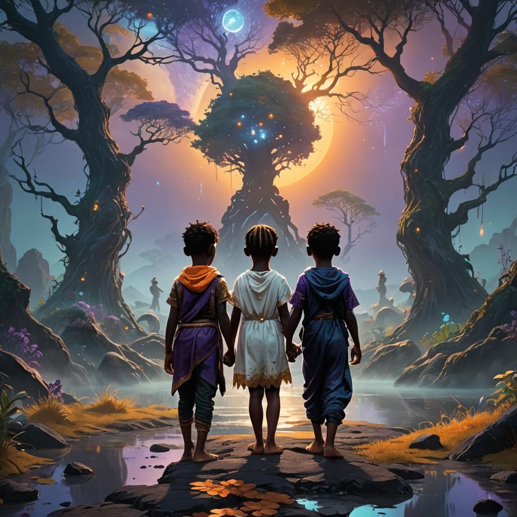 Children in Contrasting Fantasy Landscapes: Concept Art