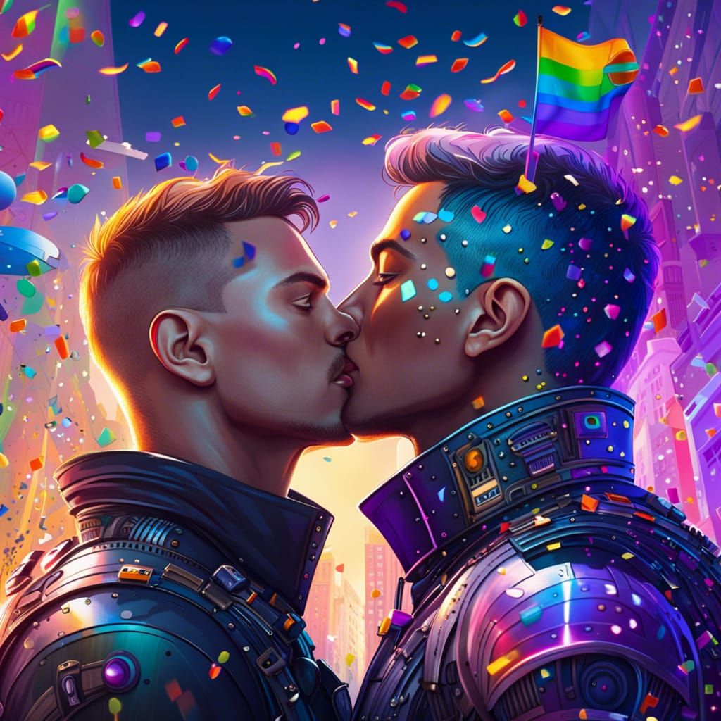 Man and Cyborg Kiss in Futuristic City