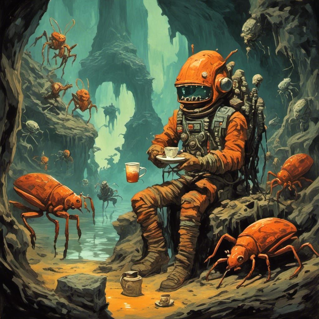 Astronaut Tea Party with Bug Aliens in Cave