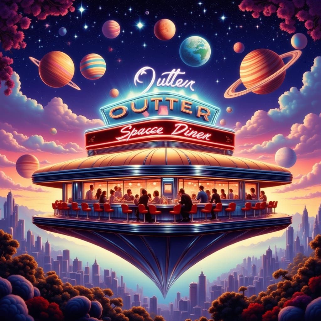 Retro-Futuristic Diner in a Starry Galaxy, as Digital Art
