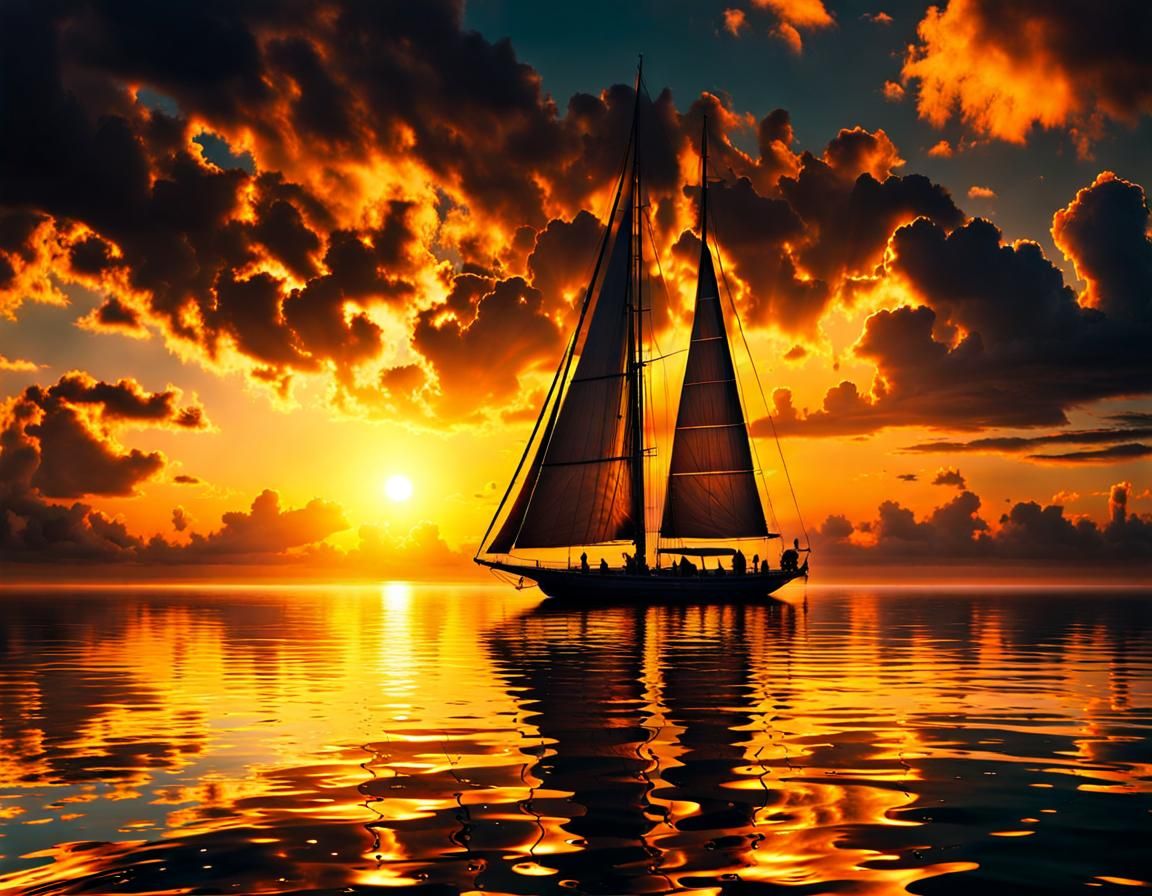 Vibrant Yellow Sunset Behind a Stunning Sailboat