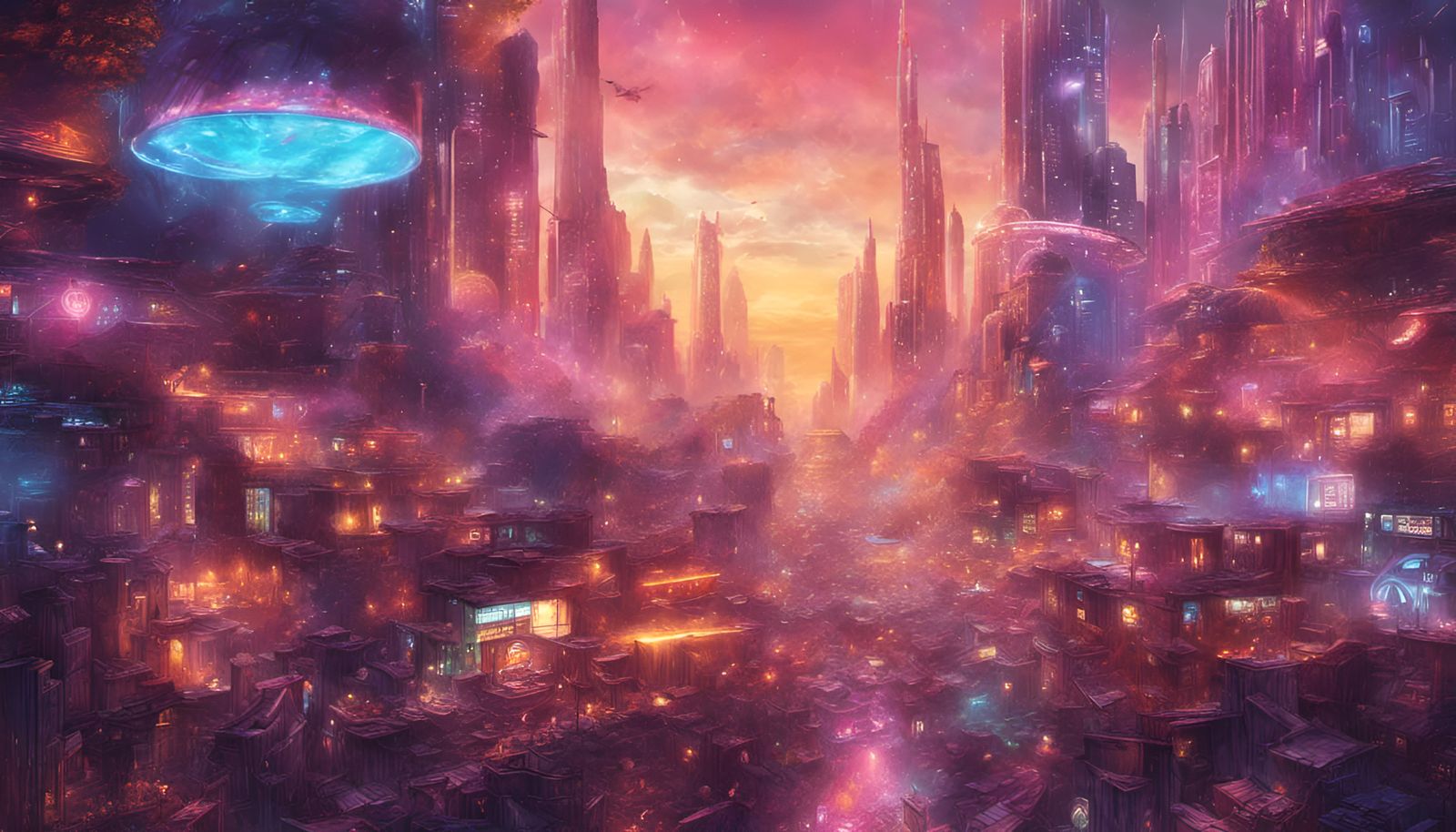 Cosmic Fairy Town: Holographic Cyberpunk Illustration