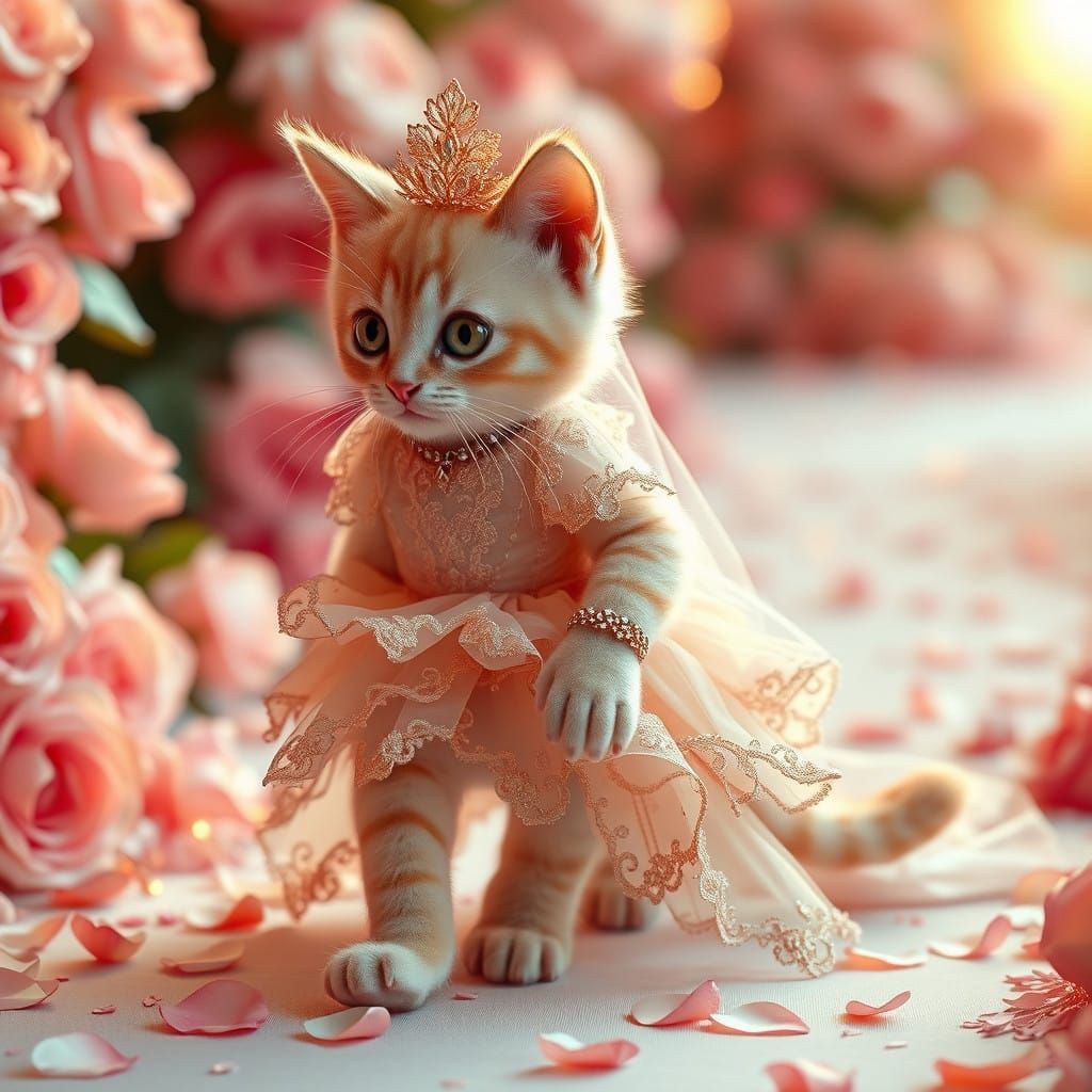 Hyper-Realistic Bride Kitten in Rose-Gold Attire