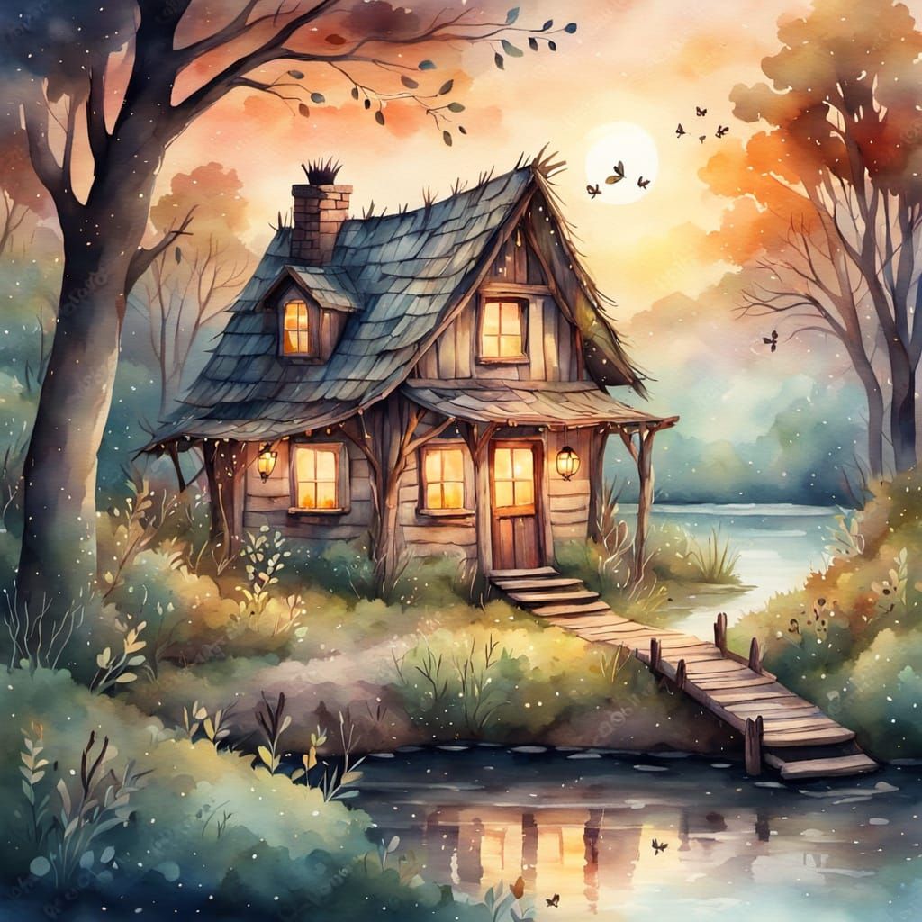 Whimsical Raccoon Cottage Watercolor Painting