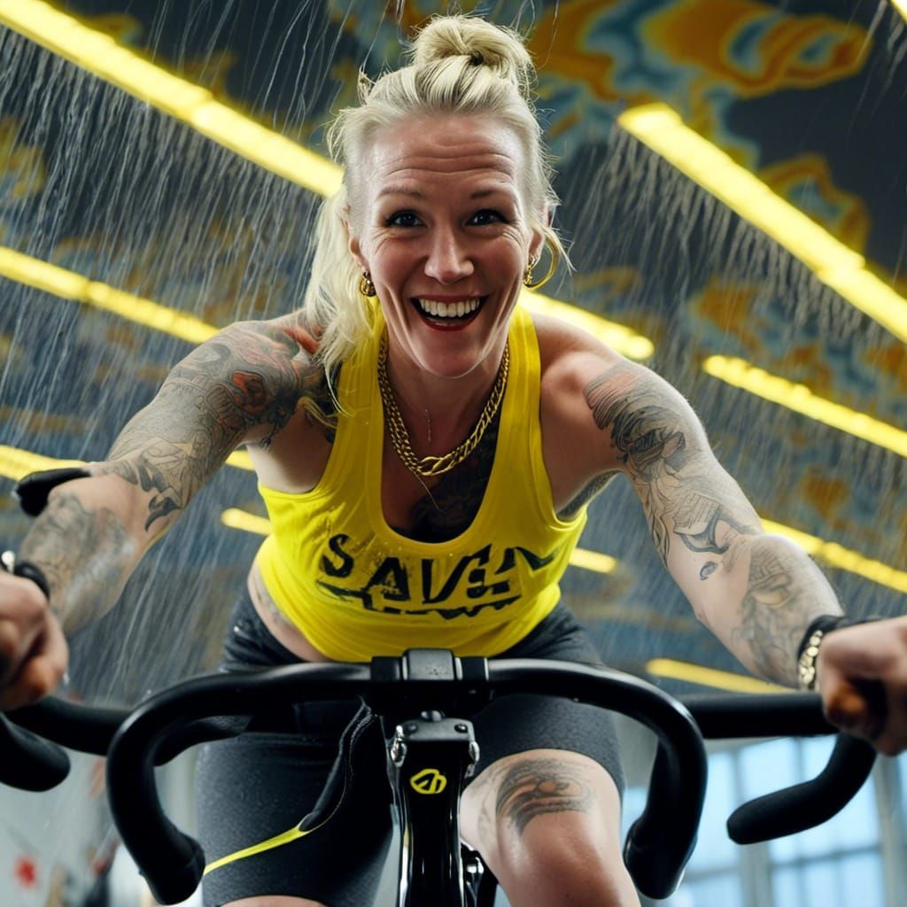 Woman on Spin Bike in Sci-Fi Golden Hour