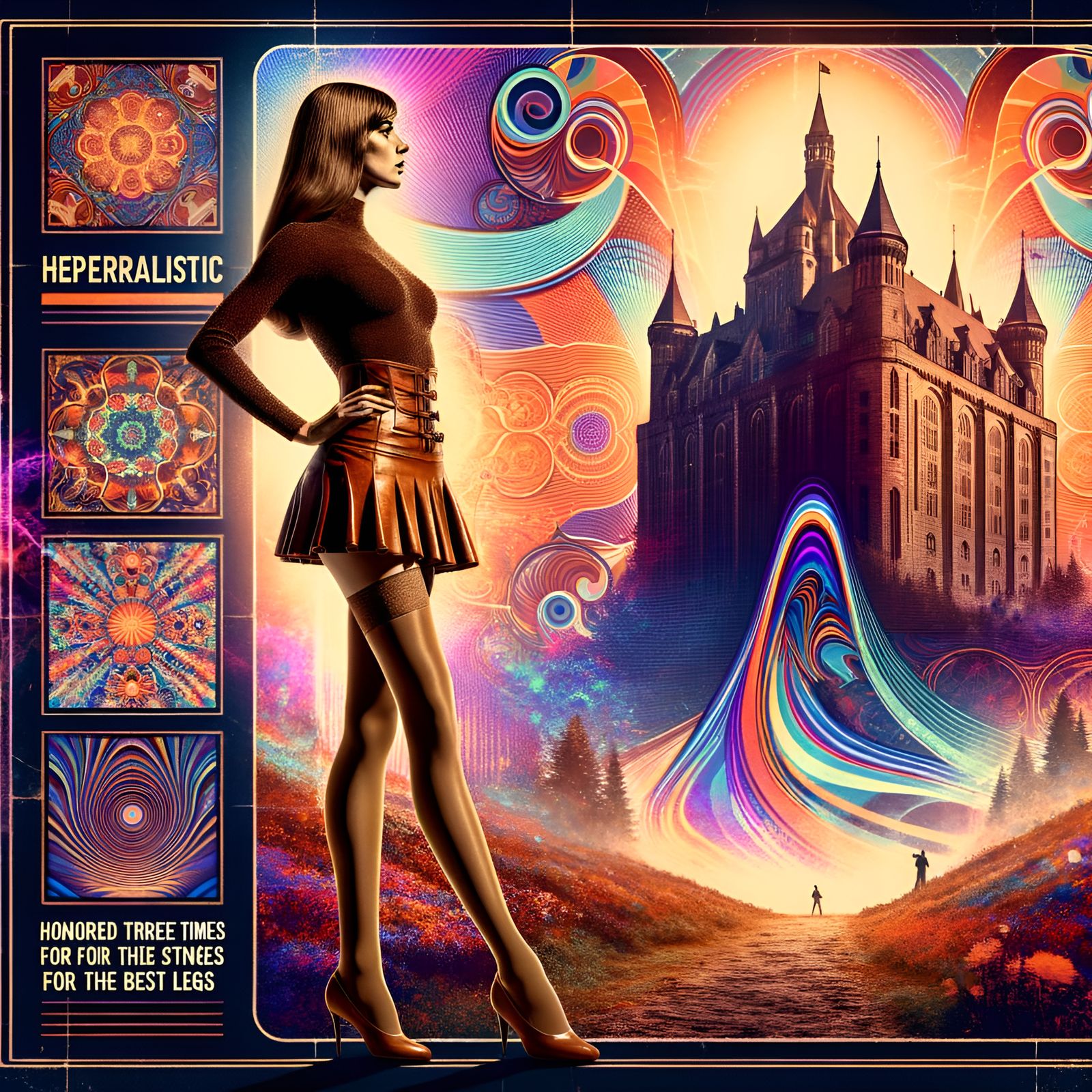 Psychedelic Castle: Woman in Miniskirt, Hyperrealistic Splas...