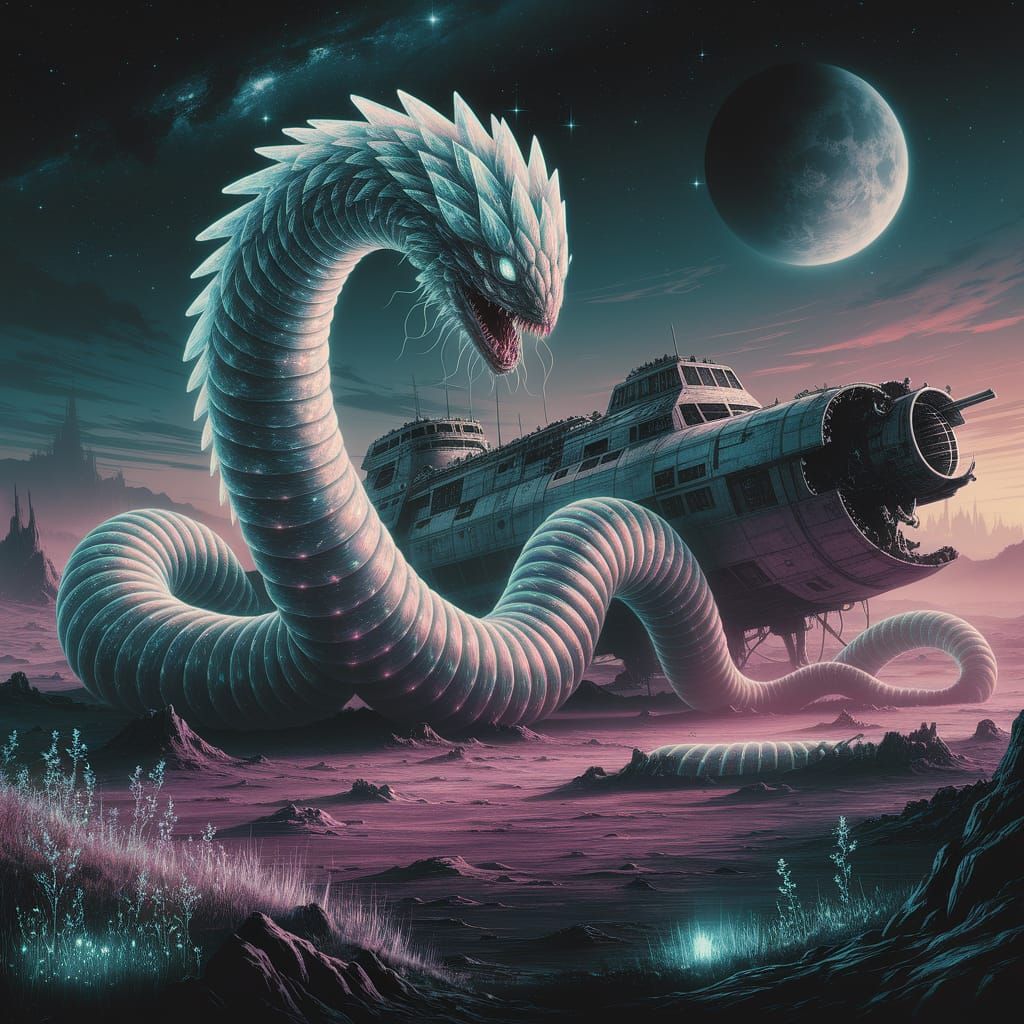 Bioluminescent Worm Coiling Around Spaceship in Giger Style