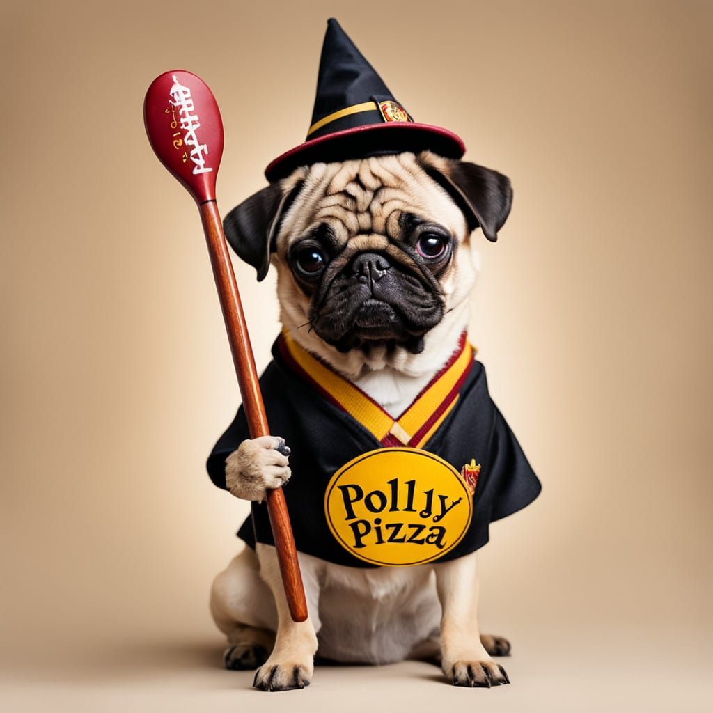 Adorable Hogwarts Pug in Tiny Uniform Holding Hockey Stick a...