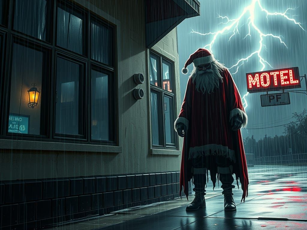 Dark Santa Claus Reckoning in a Stormy Motel
