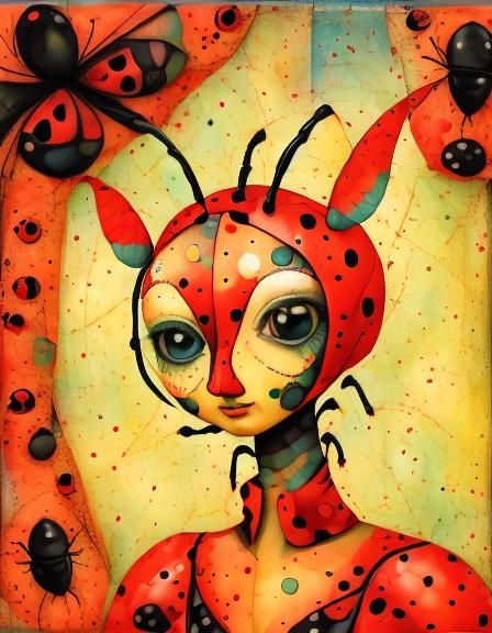 Ladybug-Human Hybrid Collage in Encaustic Mixed Media