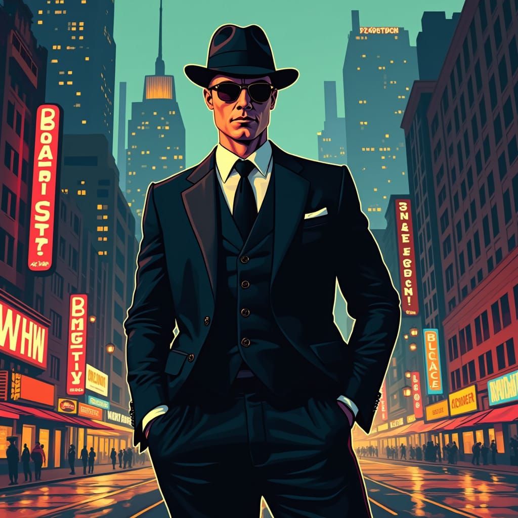 Modern Digital Art Gangster in Neon Cityscape