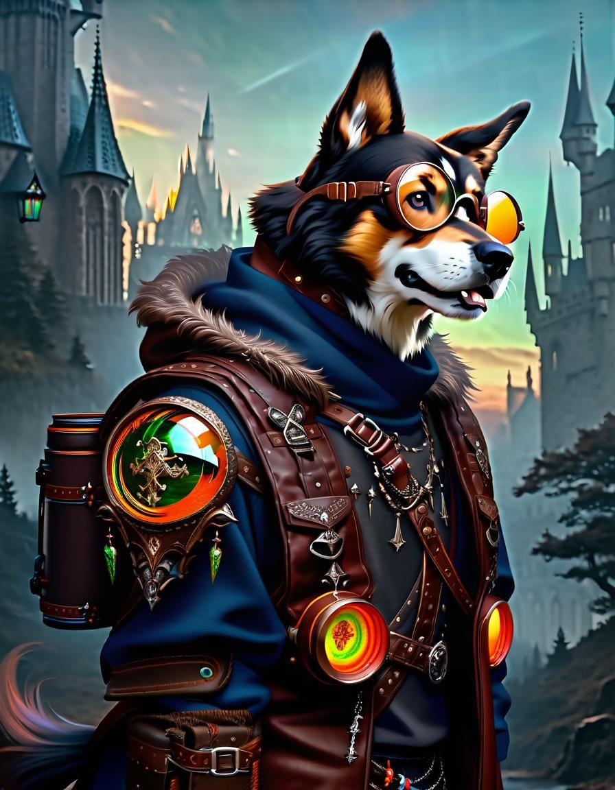 Dog Adventurer in Fantasy World, Digital Art