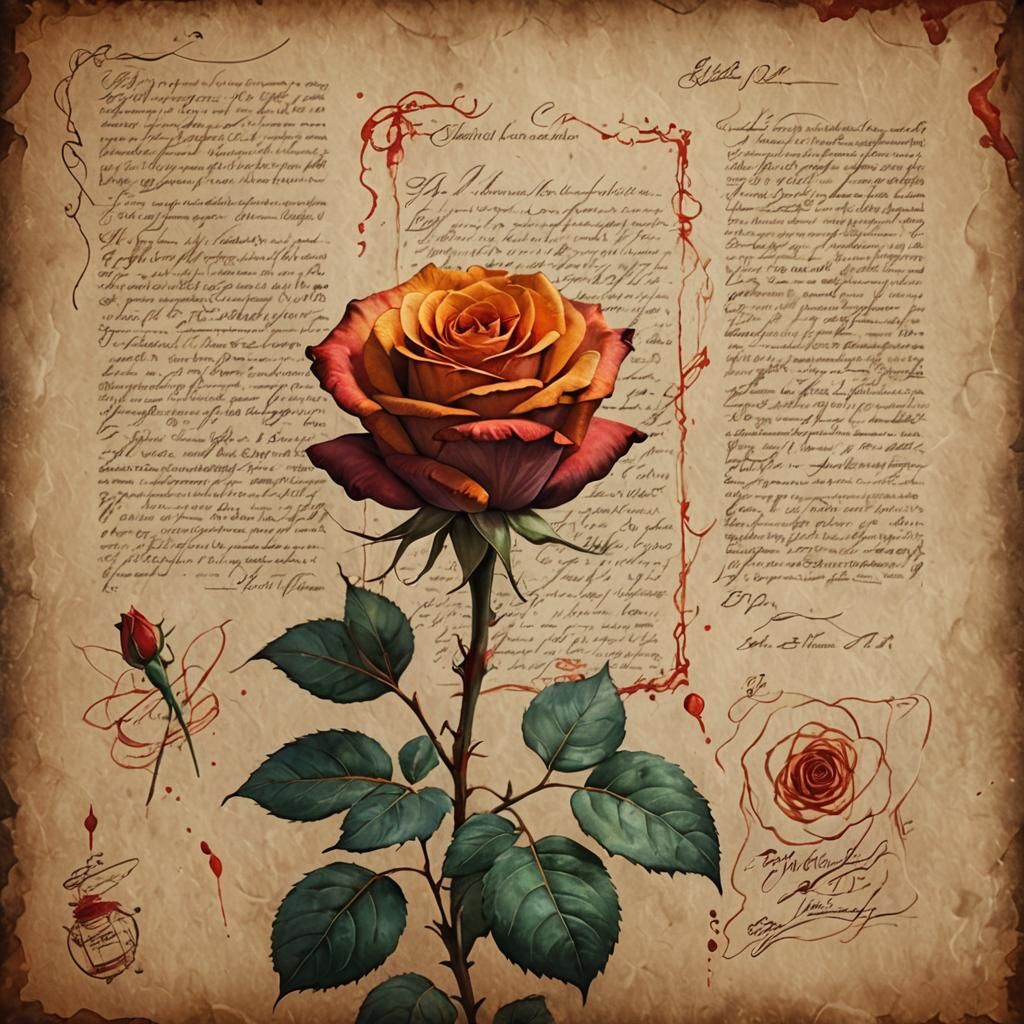 Glowing Scarlet Rose with Lipstick Marks on Paper