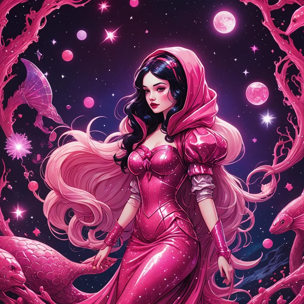 Snow White Red Riding Hood Space Mermaid in Synthwave