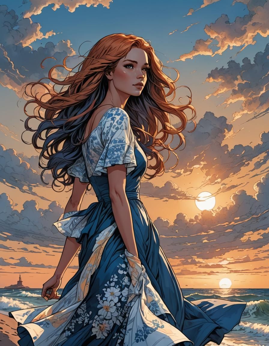 Tender Gaze: Comic Book Style Sunset Portrait