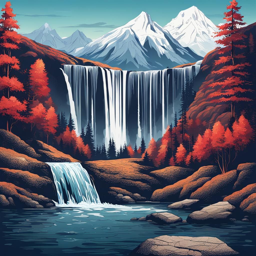 Majestic Waterfall Flowing Down Mountainside