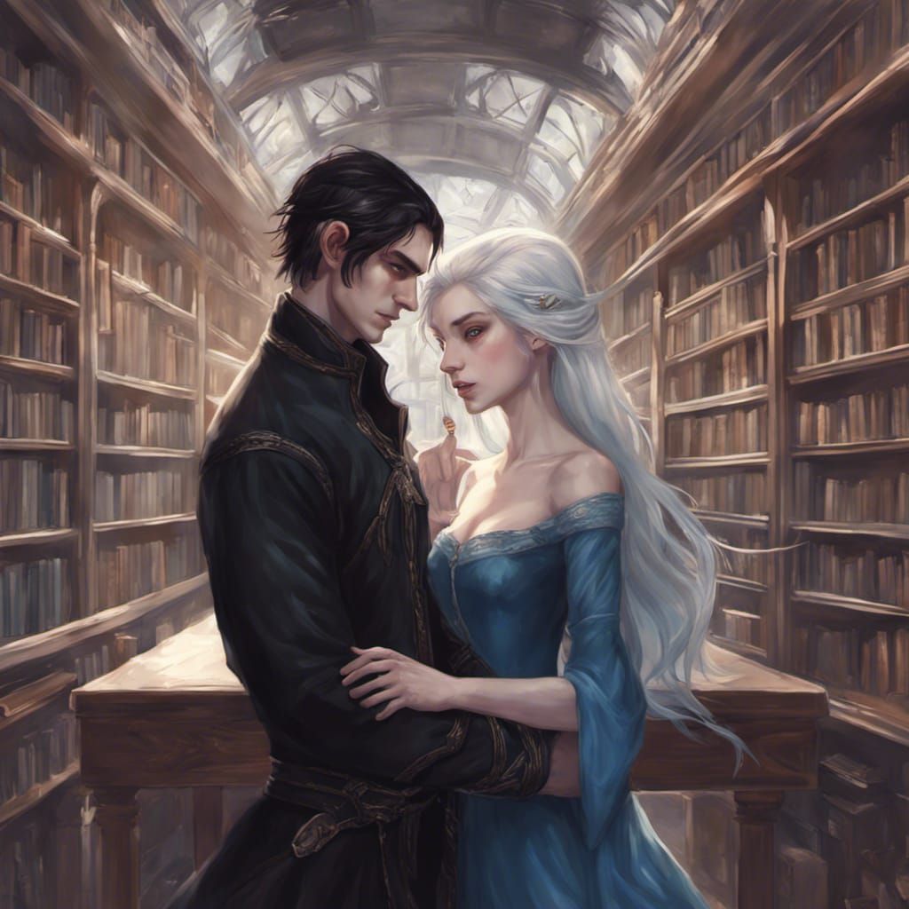 Romantic Elf and Half-Elf Couple in Library