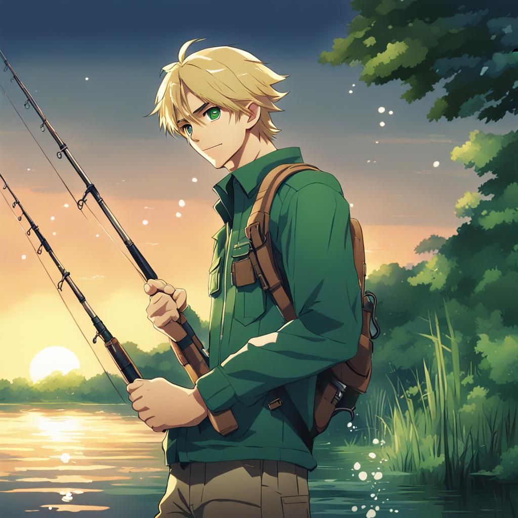 Blonde Anime Fisherman in Cel-Shaded Style