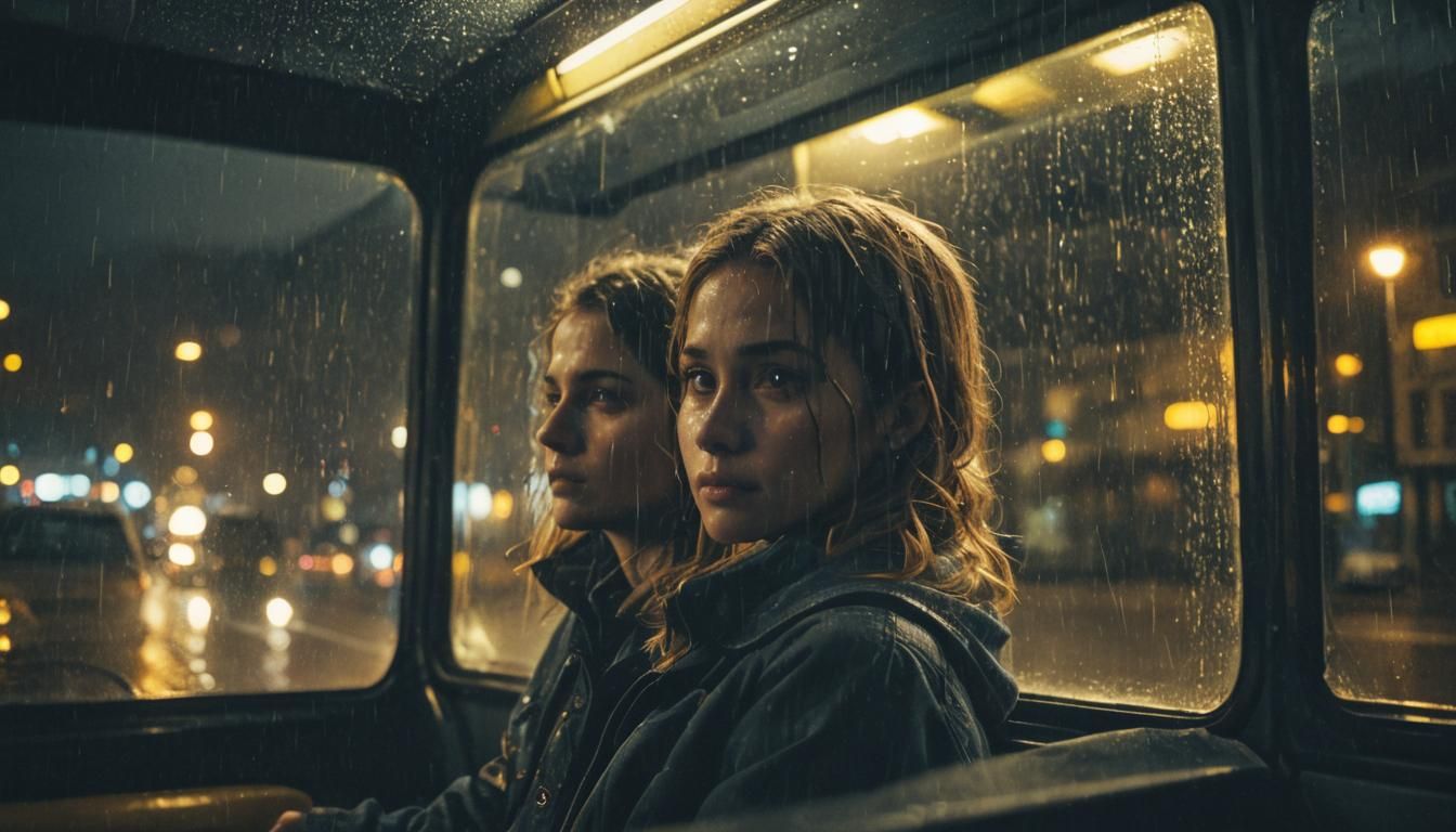Rainy City Bus Ride: Cinematic Film Still