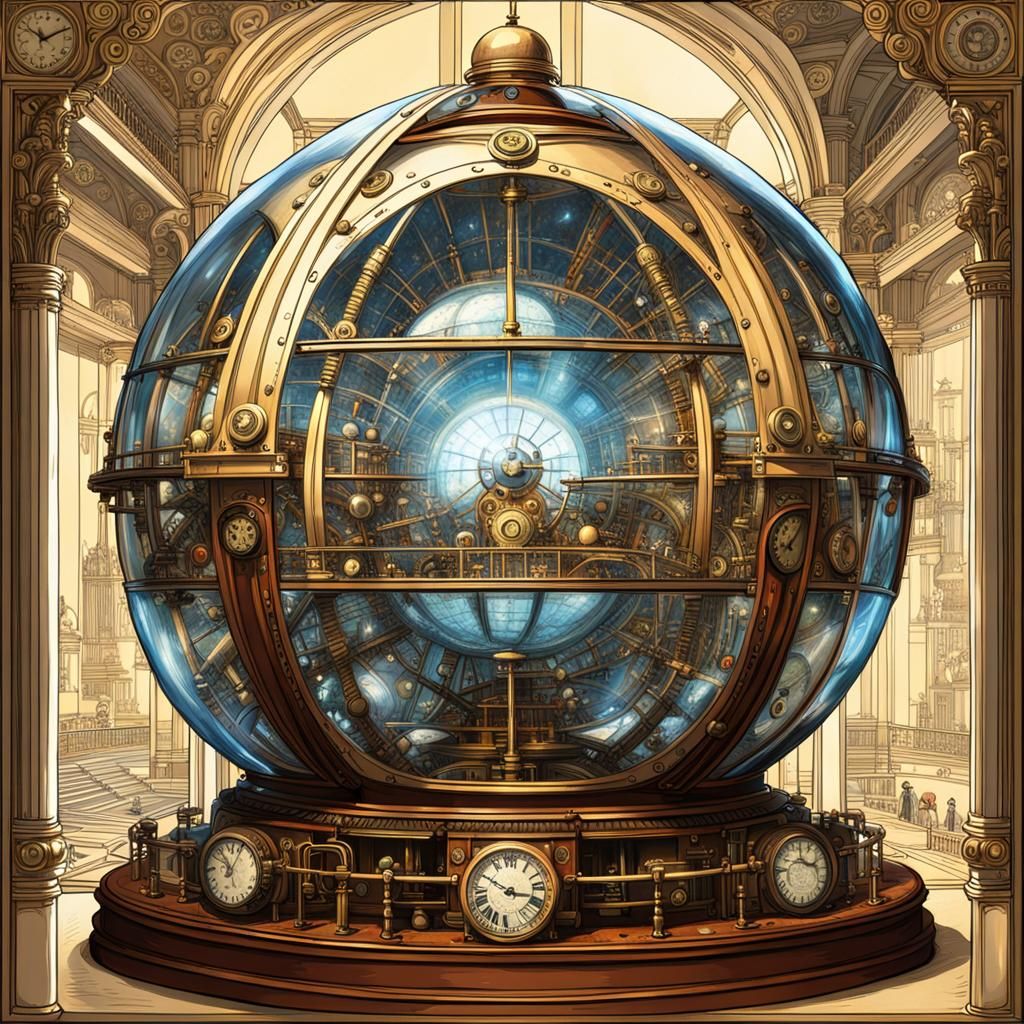 Steampunk Engine in Glass Sphere, Victorian Style