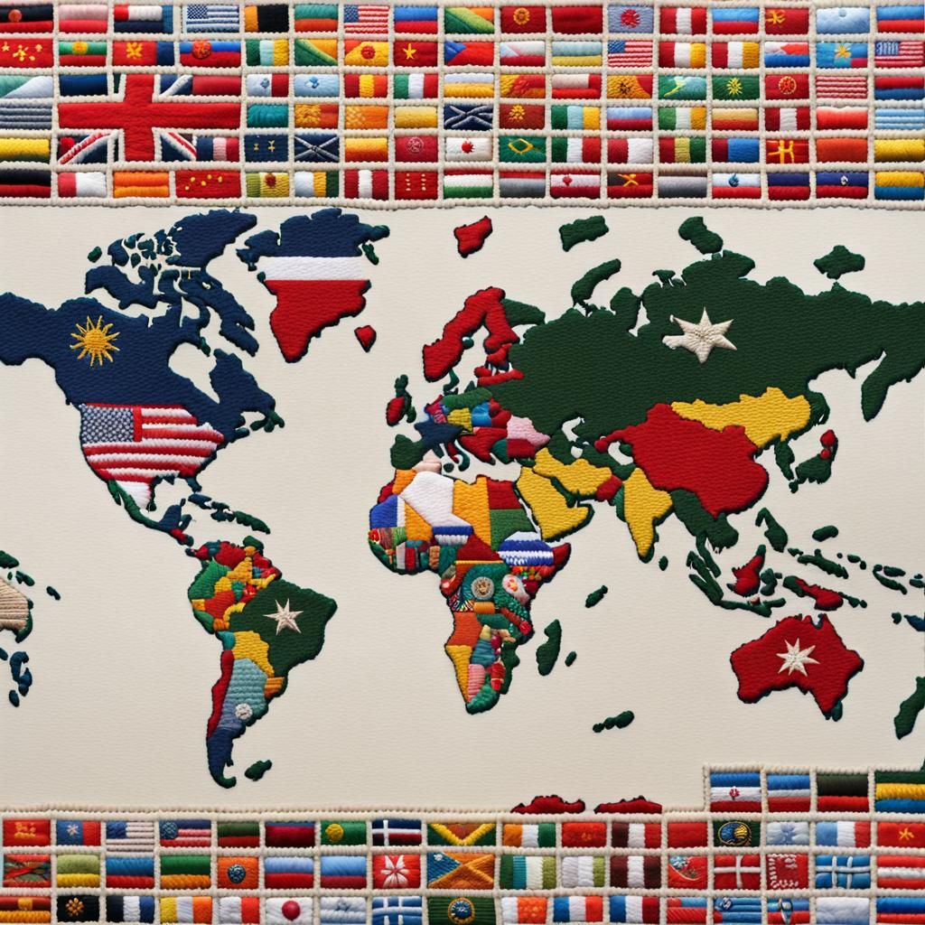 Embroidered World Map with National Flags