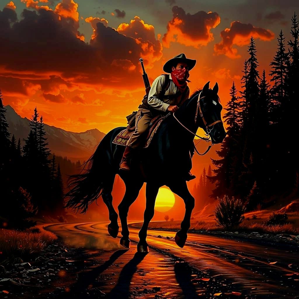 Gritty Western Bandit Gallops Through Dark Forest Sunset