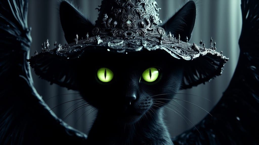 Giant Black Cat in Witch Hat, Dark Fantasy Art