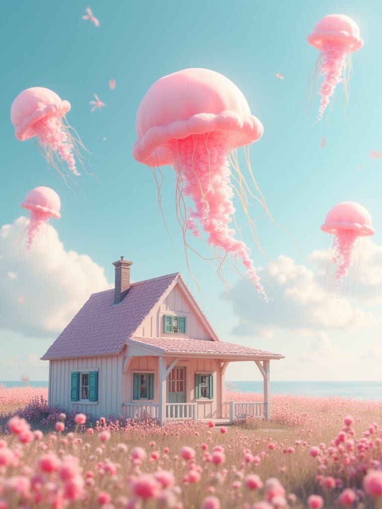 Pastel Jellyfish Bloom Above Shabby Chic Cottage